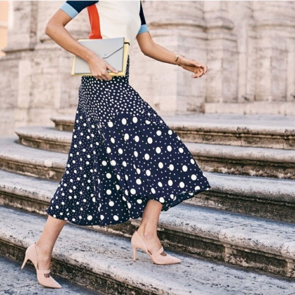 BODEN Aline Blue White Polka Dot Mermaid Flare Midi Skirt Size 4P 4 Petite